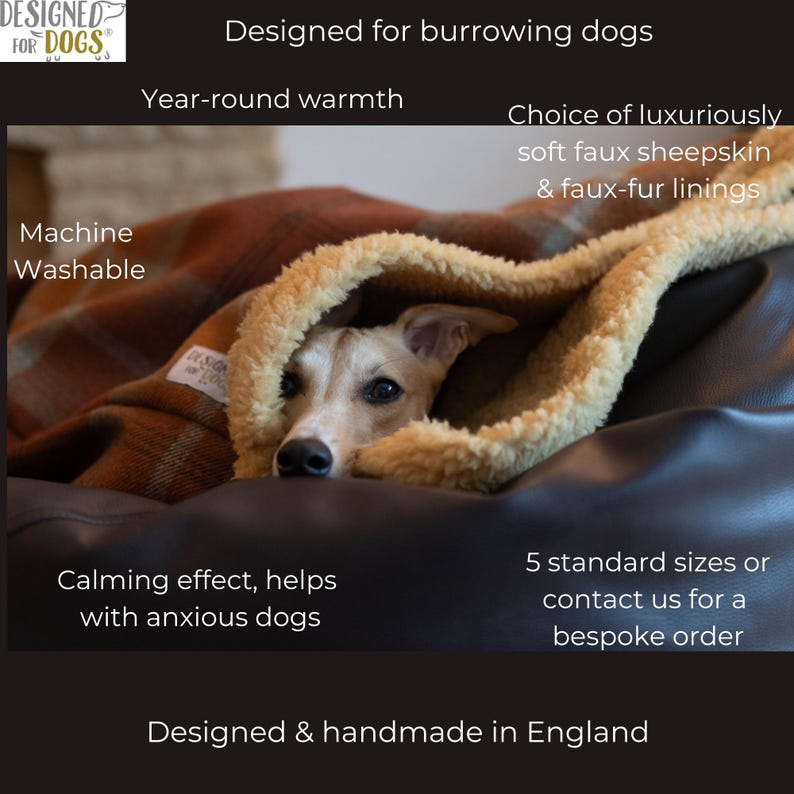 May include: A brown and beige dog bed with a dog inside. The bed is designed for burrowing dogs and has a calming effect. It is machine washable and comes in five standard sizes. The text "Designed for Dogs" is in the top left corner of the image.