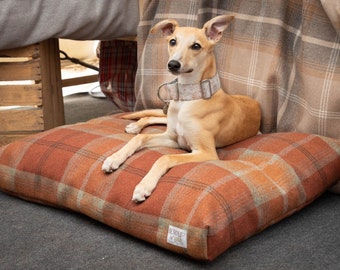 Warm Spice Tartan Dog Bed: Embroidered Orthopedic Mattress, Handmade in UK