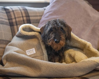 Stone Herringbone Tweed Snuggle Sacks for Dogs & Puppies, Gold, Brown Sleeping Bag for Pets, Luxury Faux Fur