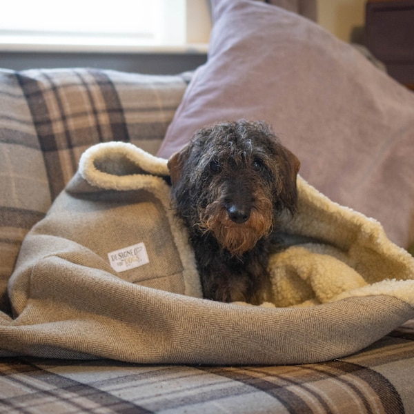 Stone Herringbone Tweed Snuggle Sacks for Dogs & Puppies, Gold, Brown Sleeping Bag for Pets, Luxury Faux Fur