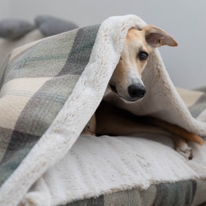 Dog Den Bed in Farmhouse Tartan - Personalised Cave Dog Bed, Blue, Grey, Cream, Green, Dog Bed
