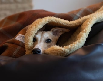 Orange Tartan Dog Snuggle Sack with Toffee Fleece Lining: Warm Fleece Pet Sleeping Bag