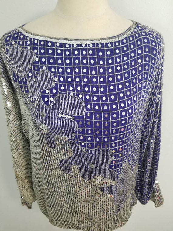 Vintage Sequin & Beaded Top/ Judith Ann/ Blue and… - image 2