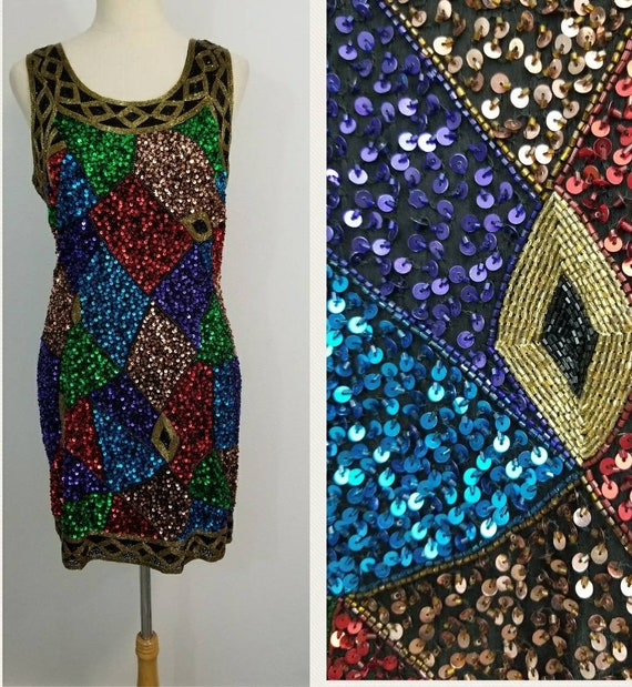 Sequin & Beaded Dress/ Vintage/ Argyle Pattern/ Mu