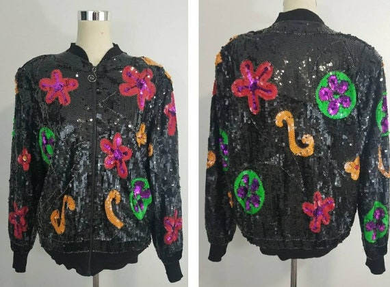 Vintage Sequin Bomber Jacket / Flower Power / Nove