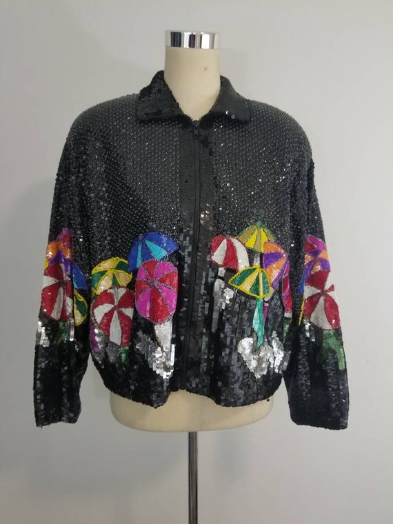 Vintage Sequin Bomber Jacket / Novelty Jacket / C… - image 2