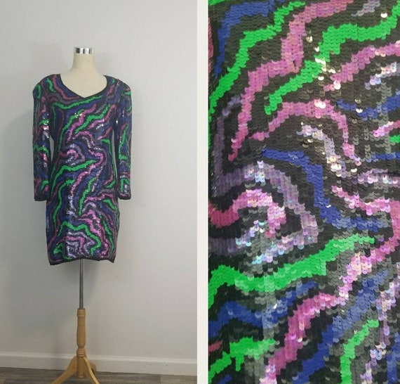 Vintage Beaded and Sequined Dress/ Neon Rainbow/ P
