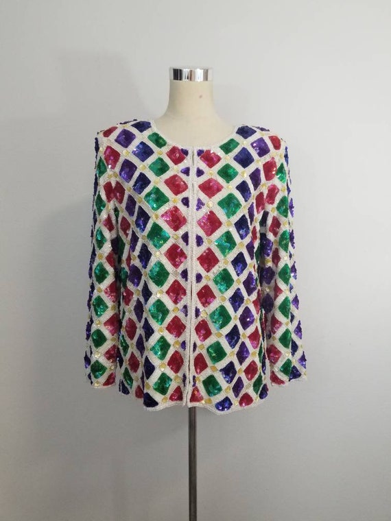 Vintage Sequin and Beaded Jacket/ Argyle pattern/ 