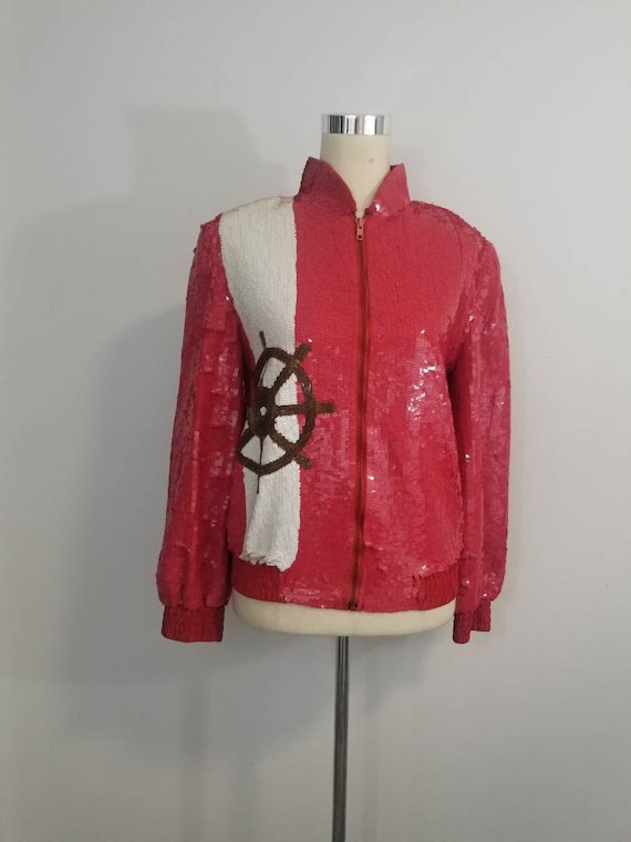 Vintage Sequin and Beaded Bomber Jacket / Nautica… - image 2