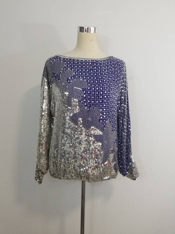 Vintage Sequin & Beaded Top/ Judith Ann/ Blue and… - image 1