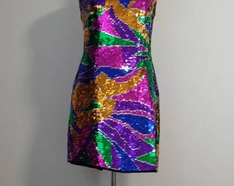 PRICE DROP* Vintage Sequin and Beaded Dress/ Rainbow/ Trophy