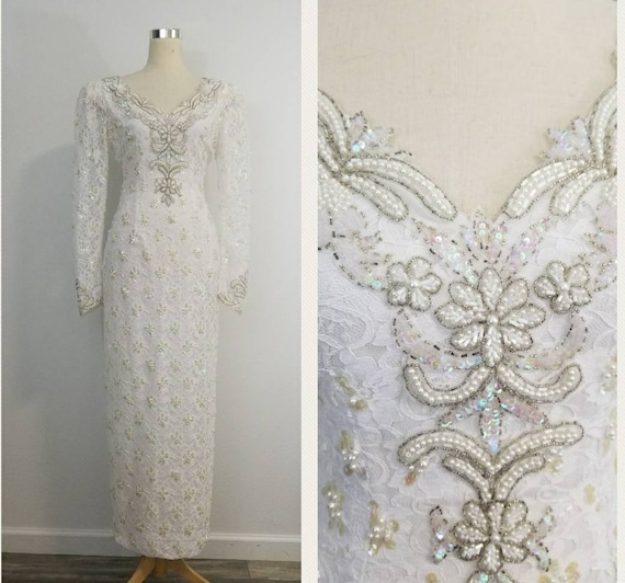 Vintage Sequin and Beaded Gown/ Iridescent/ Pearl
