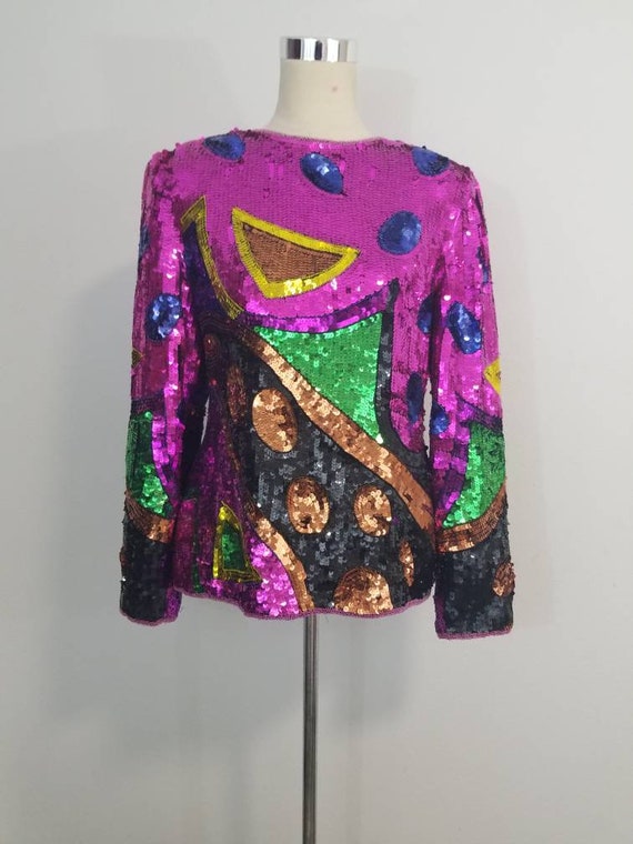 Vintage Sequin and Beaded Top/ Rainbow/ Art Deco/ 