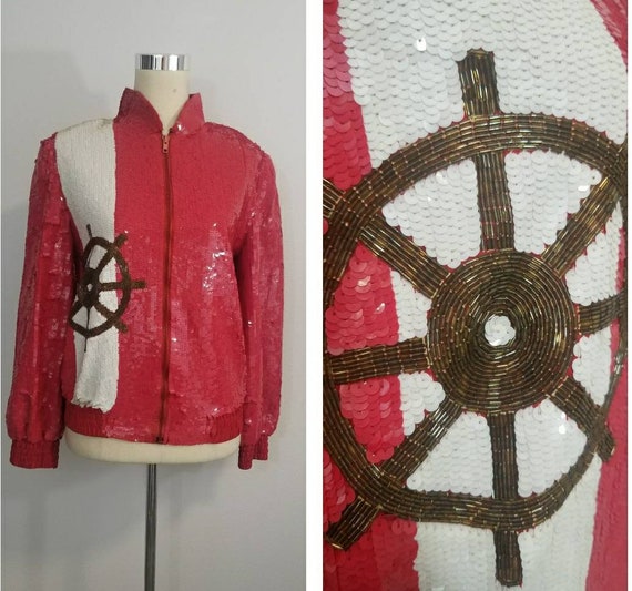 Vintage Sequin and Beaded Bomber Jacket / Nautica… - image 1