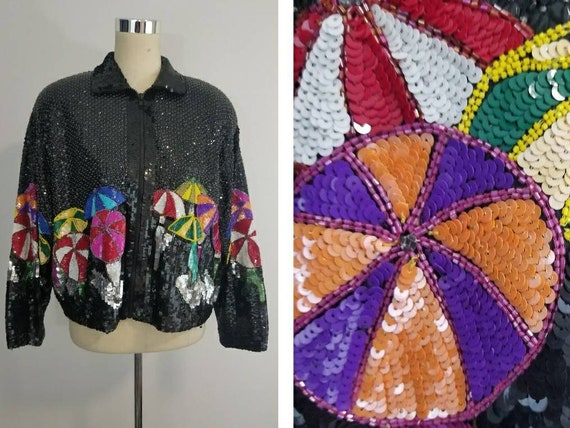 Vintage Sequin Bomber Jacket / Novelty Jacket / C… - image 1