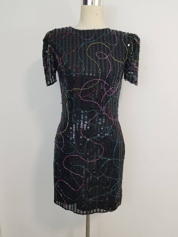 Vintage Beaded and Sequined Dress/ Black/ Rainbow/