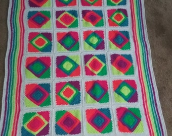 New crocheted Neon colorful rainbow colors geometric squares bordered blanket