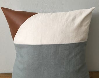 Modern faux leather and linen pillow cover
