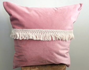 Blush velvet fringe boho style pillow cover