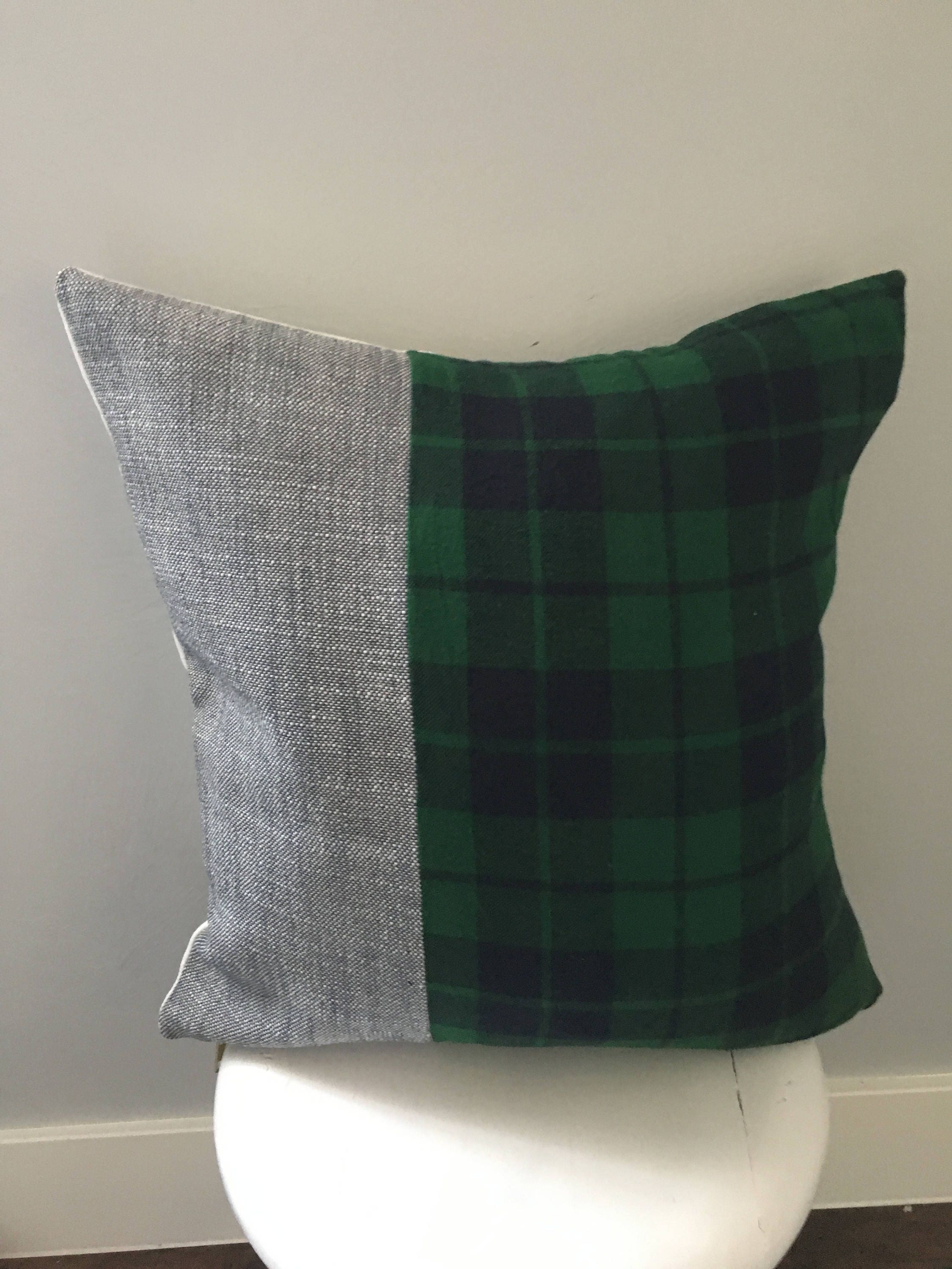 Gray Navy and green plaid pillow cover Green Tartan Plaid Pillow Sham