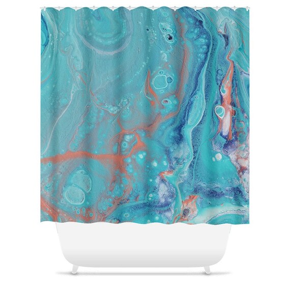 Aqua and coral on sale shower curtain