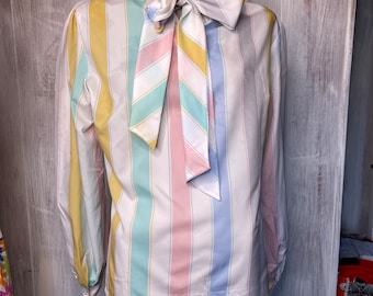 Beautiful 1970s Judy Bond Pastel Wrap Bow Blouse