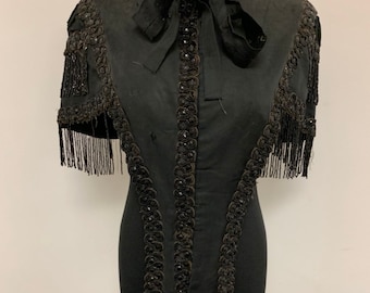 1860s Antique Victorian Mourning Shawl with Black Glass Beads and Silk