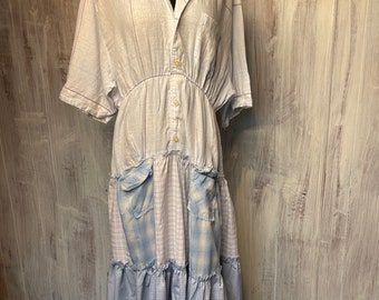 1990s Large Cotton Tommy Bahama Linen Blue Patchwork Dress