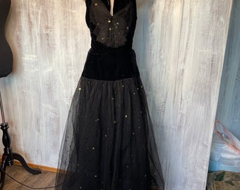 1950s Black Tulle and Velvet Handmade Dress
