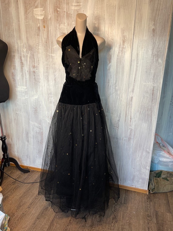 1950s Black Tulle and Velvet Handmade Dress - image 1