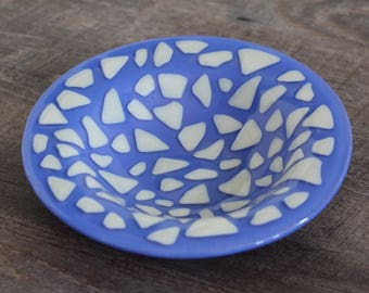 Round 8 inch diameter bowl blue and white mosaic fused glass