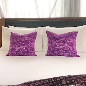 Vintage Textile Pillow with a bright purple hand embroidered tribal design. Originally a Guatemalan Huipil, now a bohemian cushion cover