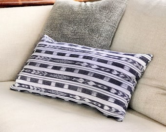 Classic modern black and white striped lumbar pillow cover - Guatemalan Ikat textile in monochrome -  Contemporary boho cushion cover.