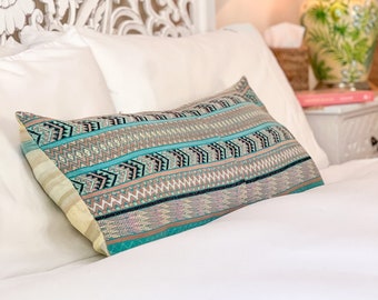 Vintage textile pillow in shades of turquoise blue chevron & zigzag patterns. One-of-a-kind bohemian Guatemalan huipil lumbar cushion cover