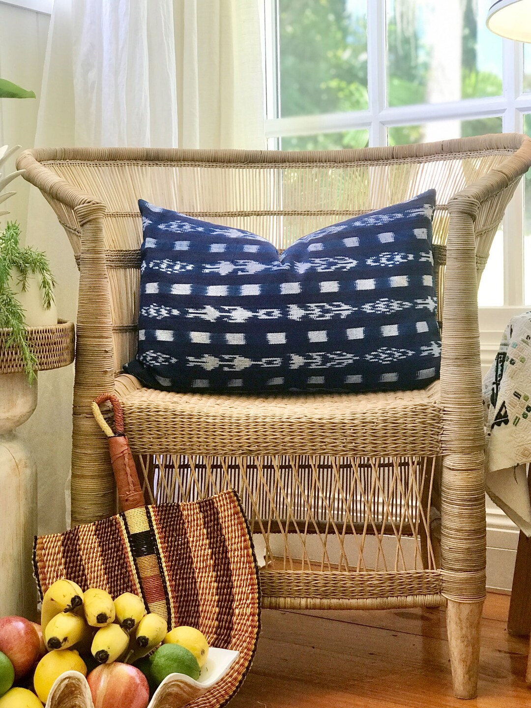READY TO SHIP 14x22 Indigo Ikat OUTDOOR Pillow Cover – Linen  Pair (2) of Indigo Ikat pillow covers, Laos main image 2