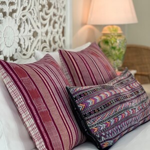 Purple vintage hand embroidered textile lumbar pillow in bold tribal chevron or zigzag style. Eclectic bohemian Guatemalan huipil cushion image 9