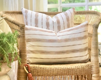 Lumbar pillow in classic beige and white stripes with a subtle Guatemalan Ikat Pattern - Boho chic, contemporary & neutral cushion cover.