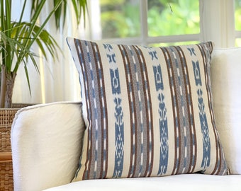 Traditional Guatemalan jaspè ikat with a contemporary Indigo blue & brown striped design. One-of-a-kind beach boho Guatemalan cushion cover