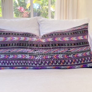 Purple vintage hand embroidered textile lumbar pillow in bold tribal chevron or zigzag style. Eclectic bohemian Guatemalan huipil cushion image 7
