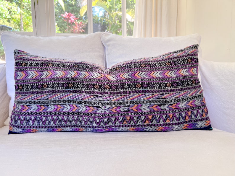 Purple vintage hand embroidered textile lumbar pillow in bold tribal chevron or zigzag style. Eclectic bohemian Guatemalan huipil cushion image 7