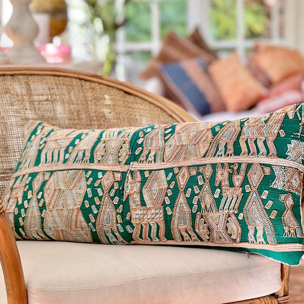 Tribal Vintage Huipil Pillow Cover: Embroidered Guatemalan Textile, Bohemian Lumbar Cushion