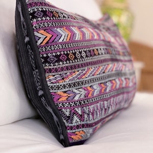 Purple vintage hand embroidered textile lumbar pillow in bold tribal chevron or zigzag style. Eclectic bohemian Guatemalan huipil cushion image 4