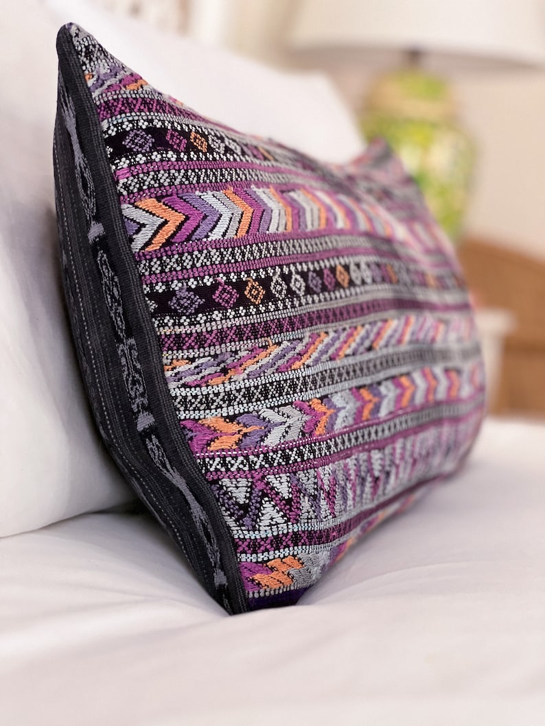 Purple vintage hand embroidered textile lumbar pillow in bold tribal chevron or zigzag style. Eclectic bohemian Guatemalan huipil cushion image 4