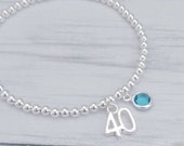 40th Birthday Bracelet, Birthstone Bracelet, 40th Birthday Gifts for Women, Stretch Bracelet, Silver Bead Bracelet