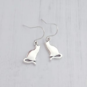 Cat Dangle Earrings, Silver Plated Drop Earrings