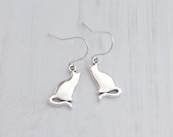 Cat Dangle Earrings, Silver Plated Drop Earrings