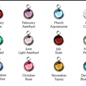 May include: Twelve round gemstone charms, each representing a different month of the year. The charms are silver with a clear crystal, red, pink, blue, green, and yellow gemstones.