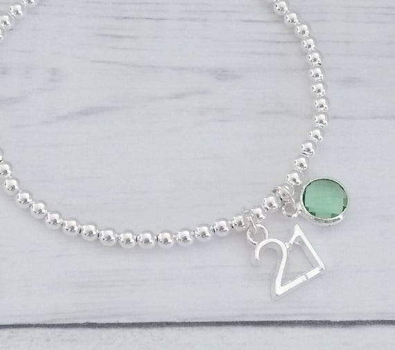 21st Birthday Charm Bracelet: Silver Plated Birthstone Stacking Bracelet