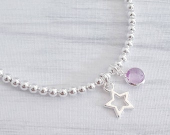 Silver Plated Star Charm Bracelet: Beaded Birthstone Bracelet