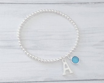 Personalized Beaded Initial Bracelet: Silver Plated Birthstone Charm